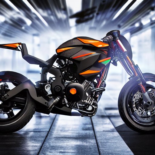奥の光に照らされた、黒とオレンジ色の近未来バイクの画像